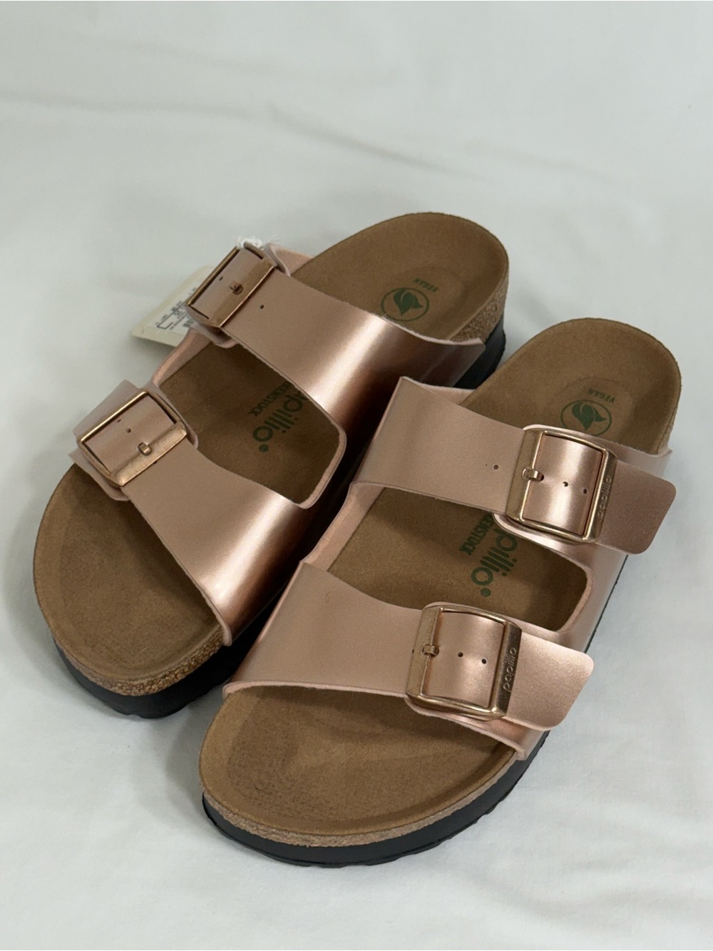 Birkenstock Rose Gold Metallic Double-Buckle Slides Vegan Certified